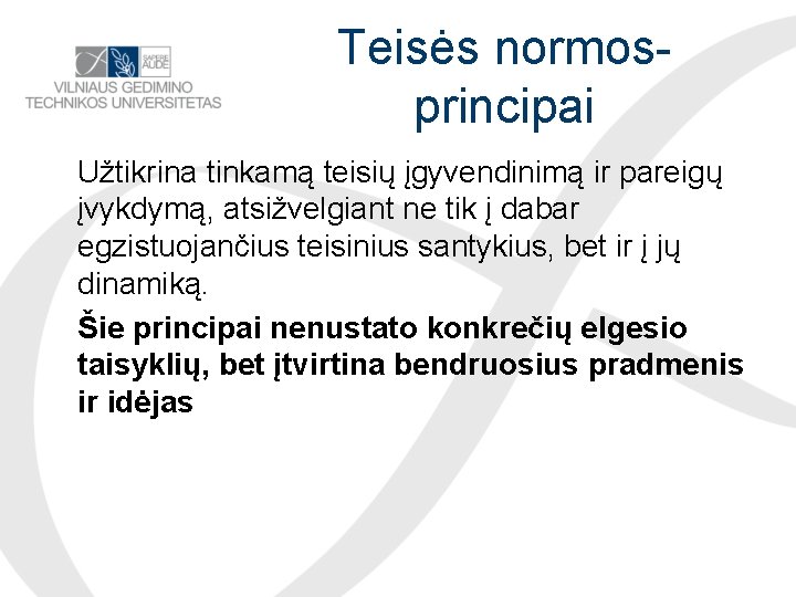 Teisės normosprincipai Užtikrina tinkamą teisių įgyvendinimą ir pareigų įvykdymą, atsižvelgiant ne tik į dabar