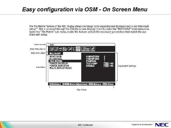 Easy configuration via OSM - On Screen Menu NEC Confidential 