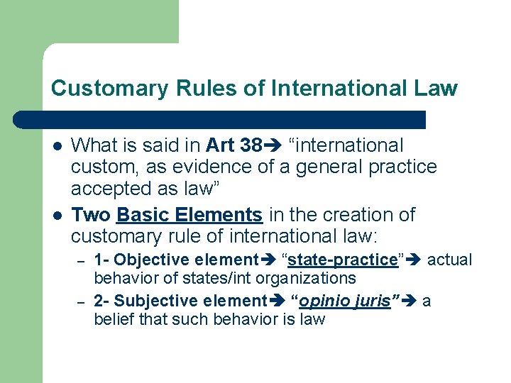 Customary Rules of International Law l l What is said in Art 38 “international