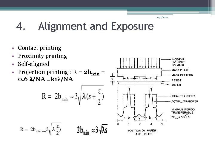 12/1/2020 4. • • Alignment and Exposure Contact printing Proximity printing Self-aligned Projection printing 12/1/2020 4. • • Alignment and Exposure Contact printing Proximity printing Self-aligned Projection printing