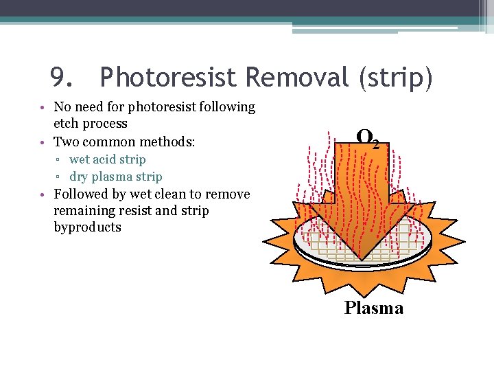 9. Photoresist Removal (strip) • No need for photoresist following etch process • Two 9. Photoresist Removal (strip) • No need for photoresist following etch process • Two