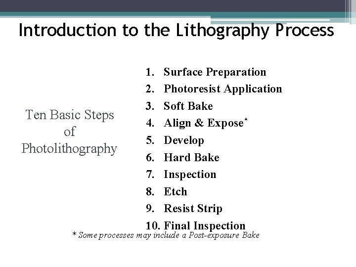Introduction to the Lithography Process Ten Basic Steps of Photolithography 1. Surface Preparation 2. Introduction to the Lithography Process Ten Basic Steps of Photolithography 1. Surface Preparation 2.