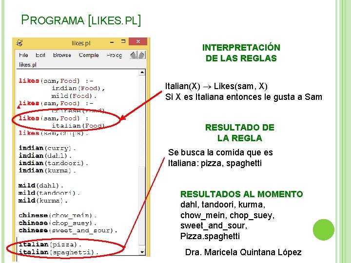 PROGRAMA [LIKES. PL] INTERPRETACIÓN DE LAS REGLAS Italian(X) Likes(sam, X) Si X es Italiana