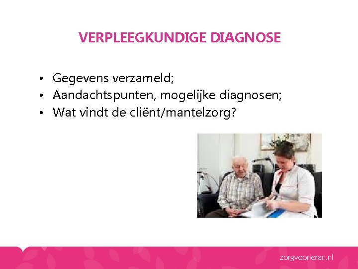 VERPLEEGKUNDIGE DIAGNOSE • Gegevens verzameld; • Aandachtspunten, mogelijke diagnosen; • Wat vindt de cliënt/mantelzorg? VERPLEEGKUNDIGE DIAGNOSE • Gegevens verzameld; • Aandachtspunten, mogelijke diagnosen; • Wat vindt de cliënt/mantelzorg?