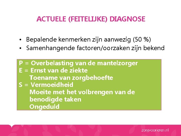 ACTUELE (FEITELIJKE) DIAGNOSE • Bepalende kenmerken zijn aanwezig (50 %) • Samenhangende factoren/oorzaken zijn ACTUELE (FEITELIJKE) DIAGNOSE • Bepalende kenmerken zijn aanwezig (50 %) • Samenhangende factoren/oorzaken zijn