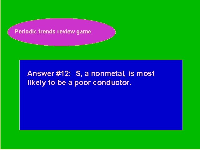 Periodic trends review game Periodic Trends Review Game Answer #12: S, a nonmetal, is
