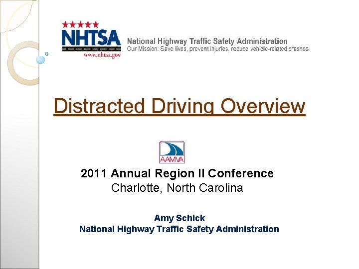 Distracted Driving Overview 2011 Annual Region II Conference Charlotte, North Carolina Amy Schick National