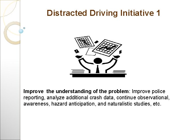 Distracted Driving Initiative 1 Improve the understanding of the problem: Improve police reporting, analyze