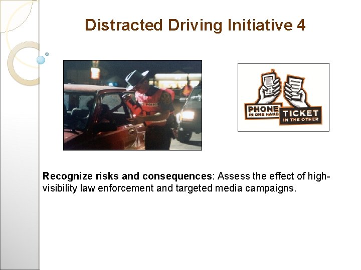 Distracted Driving Initiative 4 Recognize risks and consequences: Assess the effect of highvisibility law