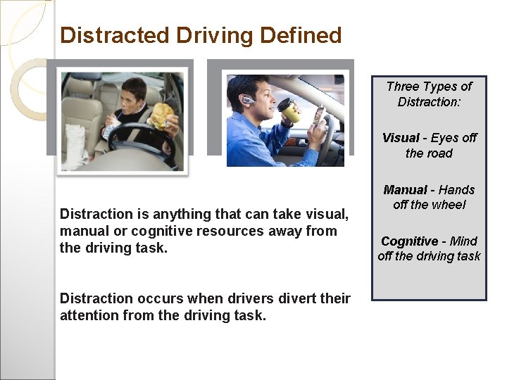 Distracted Driving Defined Place Photo Here, Otherwise Delete Box Three Types of Distraction: Visual