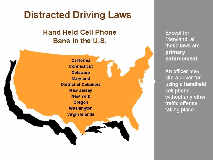 Distracted Driving Laws Hand Held Cell Phone Bans in the U. S. California Connecticut