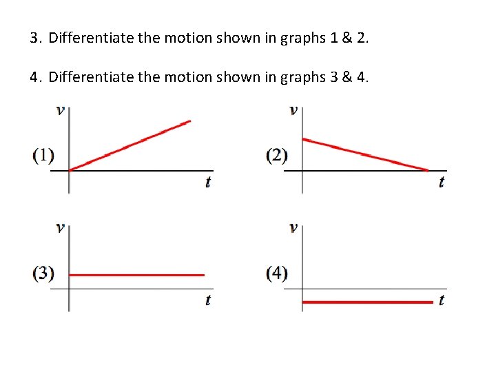 3. Differentiate the motion shown in graphs 1 & 2. 4. Differentiate the motion 3. Differentiate the motion shown in graphs 1 & 2. 4. Differentiate the motion