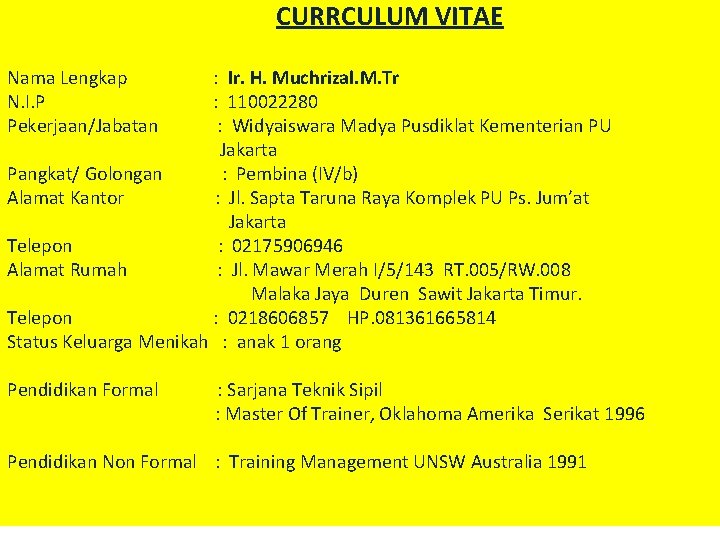 CURRCULUM VITAE Nama Lengkap N. I. P Pekerjaan/Jabatan : Ir. H. Muchrizal. M. Tr CURRCULUM VITAE Nama Lengkap N. I. P Pekerjaan/Jabatan : Ir. H. Muchrizal. M. Tr