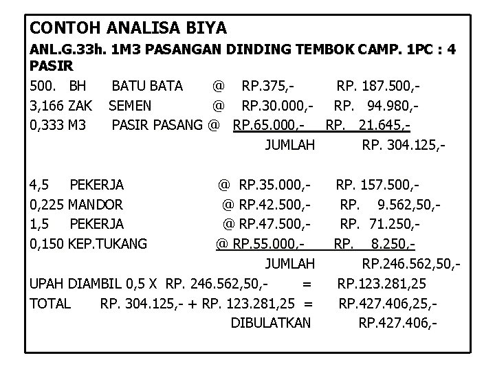 CONTOH ANALISA BIYA ANL. G. 33 h. 1 M 3 PASANGAN DINDING TEMBOK CAMP.