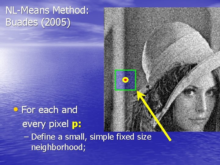 NL-Means Method: Buades (2005) • For each and every pixel p: – Define a