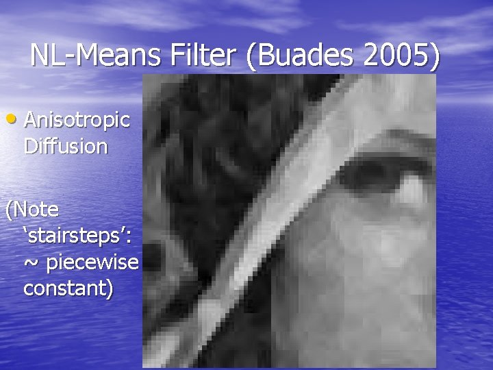 NL-Means Filter (Buades 2005) • Anisotropic Diffusion (Note ‘stairsteps’: ~ piecewise constant) 