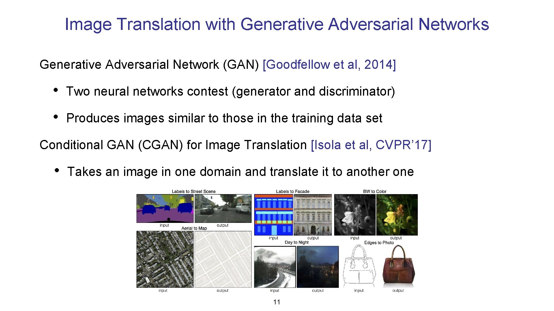 Image Translation with Generative Adversarial Networks Generative Adversarial Network (GAN) [Goodfellow et al, 2014]