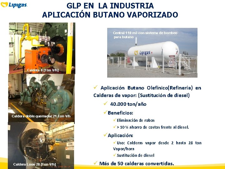 GLP EN LA INDUSTRIA APLICACIÓN BUTANO VAPORIZADO Central 110 m 3 con sistema de GLP EN LA INDUSTRIA APLICACIÓN BUTANO VAPORIZADO Central 110 m 3 con sistema de