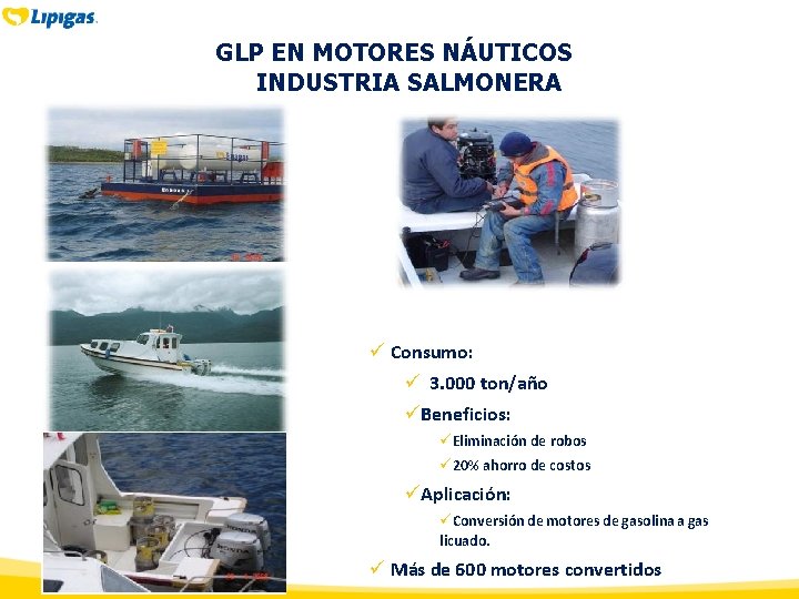 GLP EN MOTORES NÁUTICOS INDUSTRIA SALMONERA ü Consumo: ü 3. 000 ton/año üBeneficios: üEliminación GLP EN MOTORES NÁUTICOS INDUSTRIA SALMONERA ü Consumo: ü 3. 000 ton/año üBeneficios: üEliminación