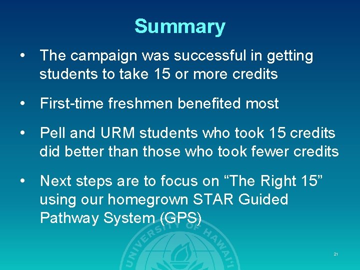 Summary • The campaign was successful in getting students to take 15 or more Summary • The campaign was successful in getting students to take 15 or more