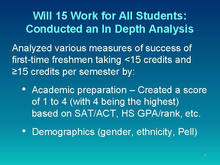 Will 15 Work for All Students: Conducted an In Depth Analysis Analyzed various measures Will 15 Work for All Students: Conducted an In Depth Analysis Analyzed various measures