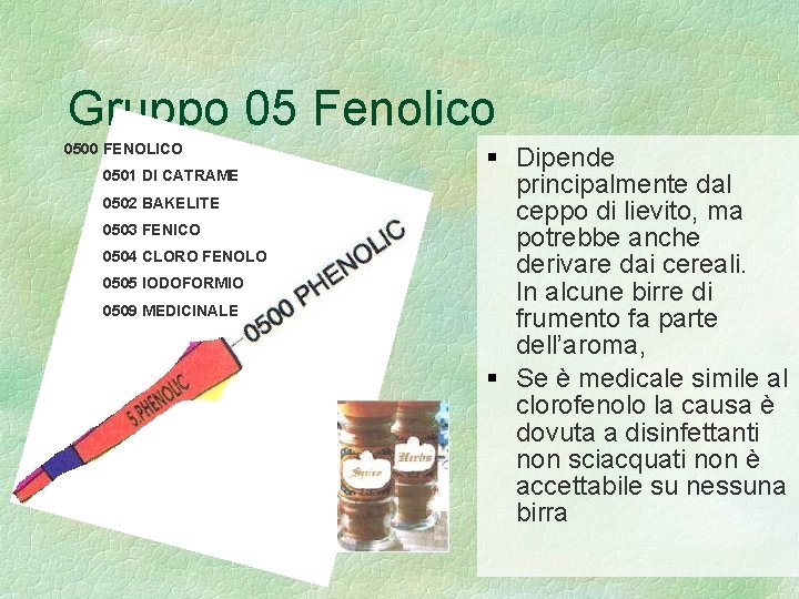 Gruppo 05 Fenolico 0500 FENOLICO 0501 DI CATRAME 0502 BAKELITE 0503 FENICO 0504 CLORO
