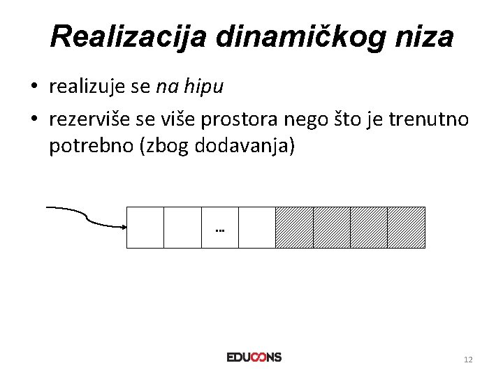 Realizacija dinamičkog niza • realizuje se na hipu • rezerviše se više prostora nego