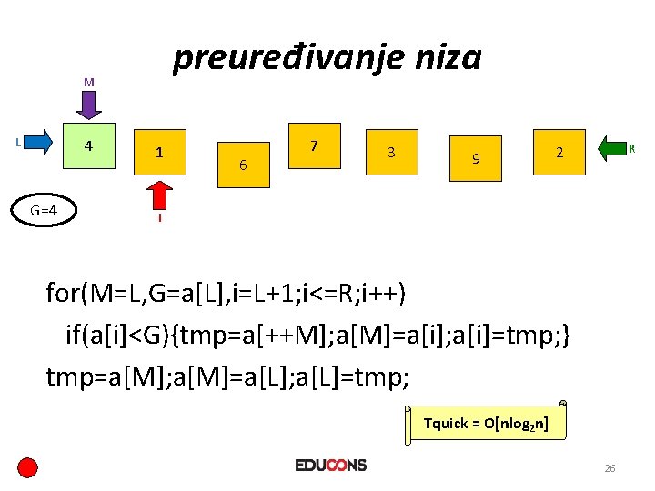 preuređivanje niza M L 4 G=4 1 6 7 3 9 R 2 i