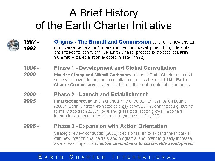 A Brief History of the Earth Charter Initiative 1987 1992 Origins - The Brundtland