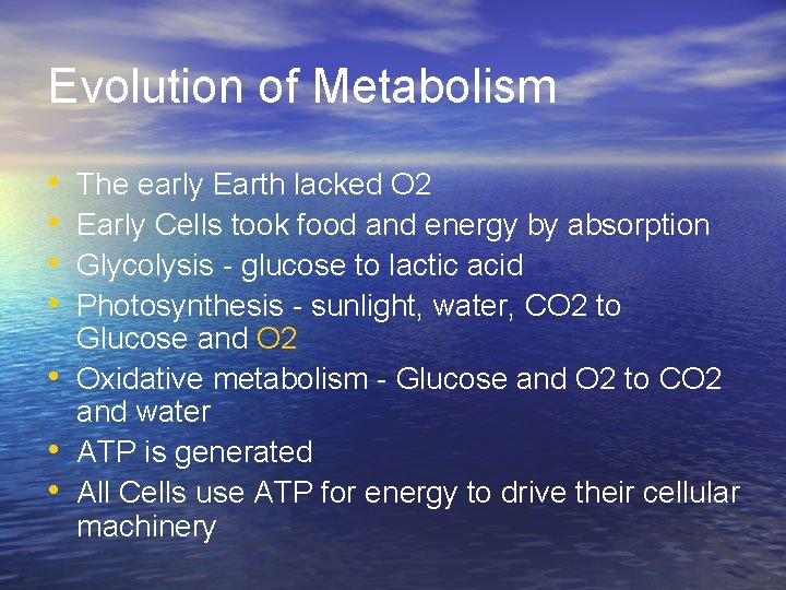Evolution of Metabolism • • The early Earth lacked O 2 Early Cells took
