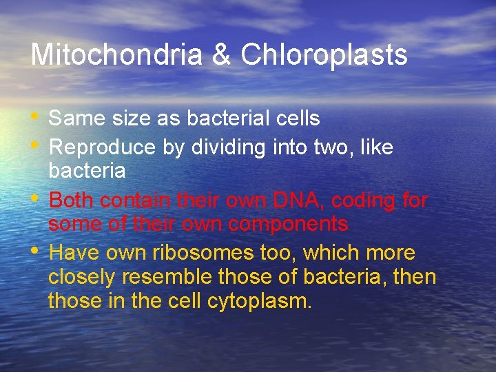 Mitochondria & Chloroplasts • Same size as bacterial cells • Reproduce by dividing into