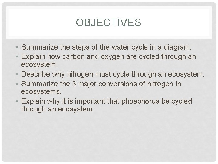 OBJECTIVES • Summarize the steps of the water cycle in a diagram. • Explain