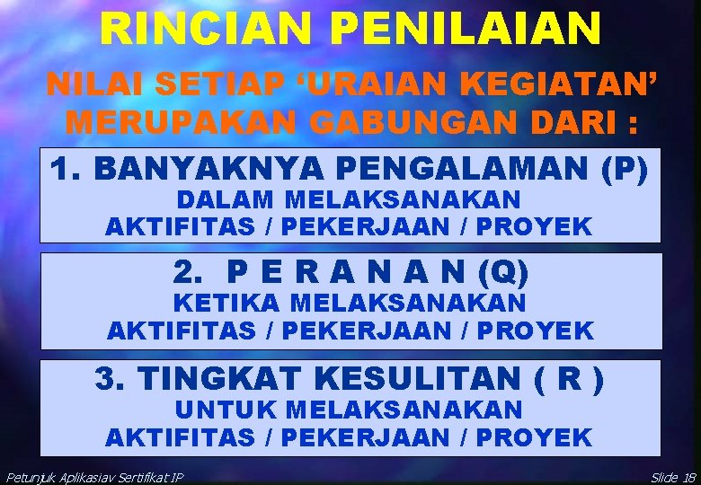 RINCIAN PENILAIAN NILAI SETIAP ‘URAIAN KEGIATAN’ MERUPAKAN GABUNGAN DARI : 1. BANYAKNYA PENGALAMAN (P)