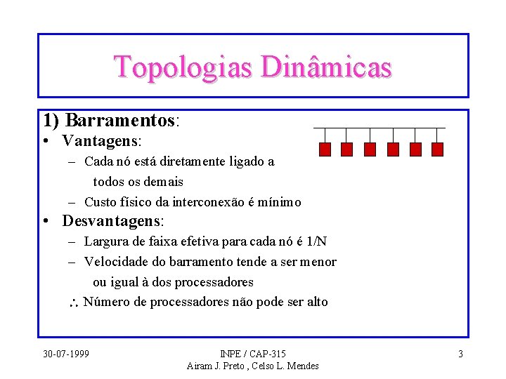 Topologias Dinâmicas 1) Barramentos: • Vantagens: – Cada nó está diretamente ligado a todos