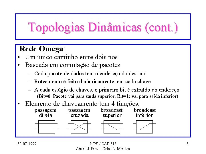 Topologias Dinâmicas (cont. ) Rede Omega: • Um único caminho entre dois nós •