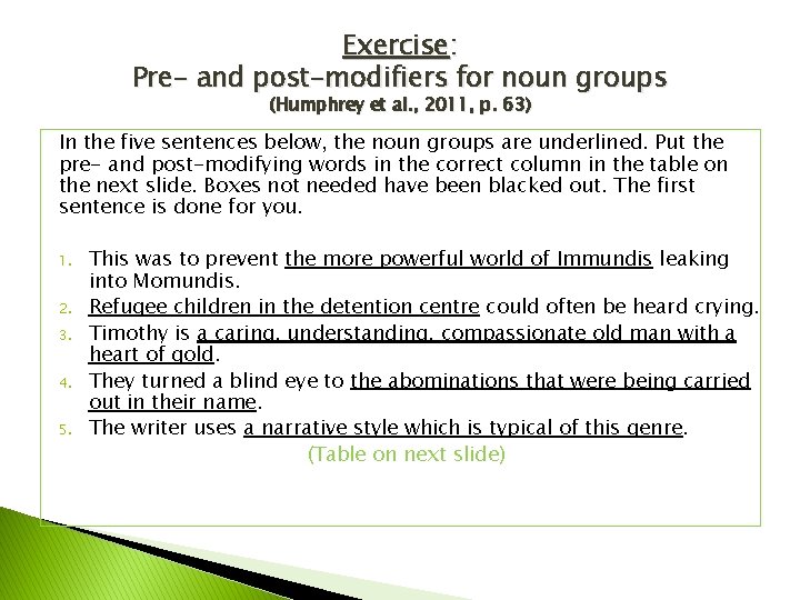 Exercise: Pre- and post-modifiers for noun groups (Humphrey et al. , 2011, p. 63)