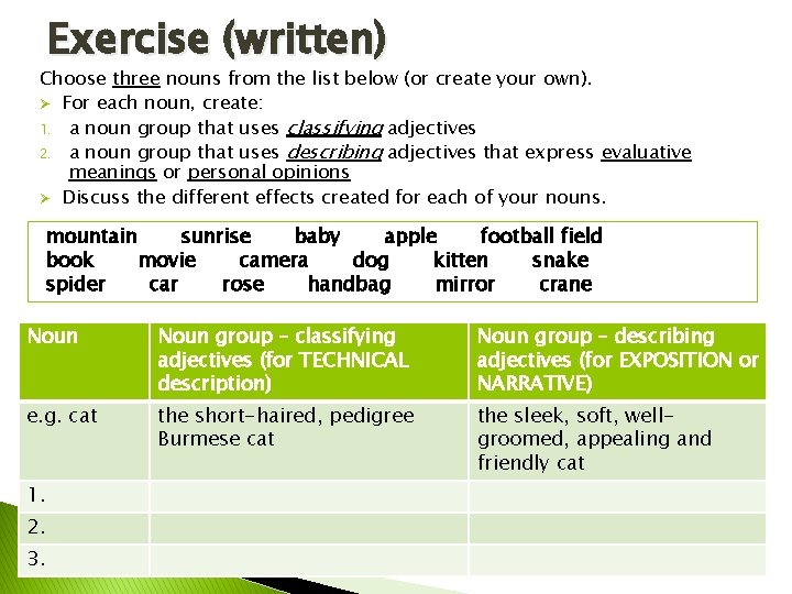 Exercise (written) Choose three nouns from the list below (or create your own). Ø