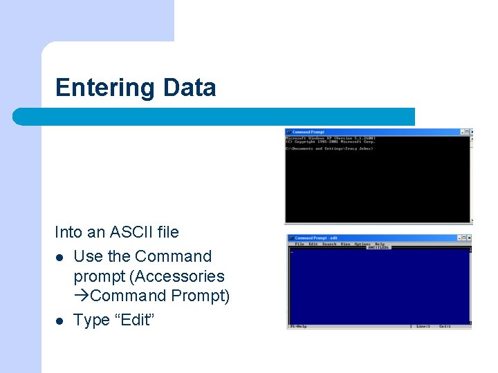 Entering Data Into an ASCII file l Use the Command prompt (Accessories Command Prompt)