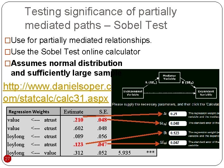 Testing significance of partially mediated paths – Sobel Test �Use for partially mediated relationships.