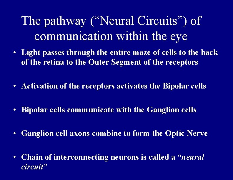 The pathway (“Neural Circuits”) of communication within the eye • Light passes through the