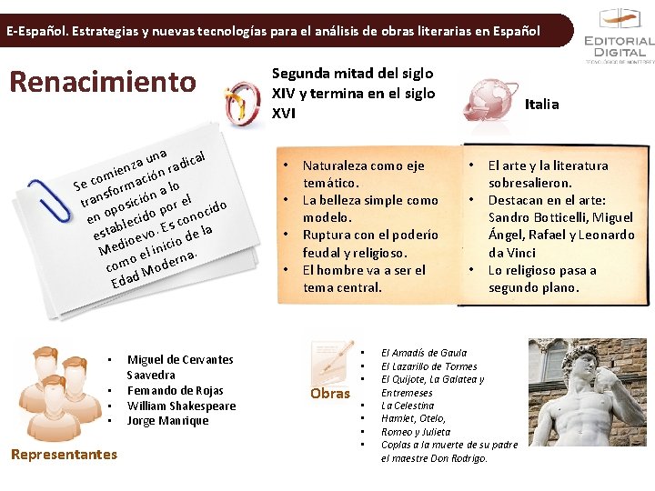 E-Español. Estrategias y nuevas tecnologías para el análisis de obras literarias en Español Renacimiento