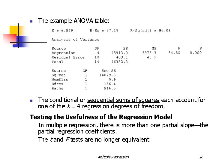 n n The example ANOVA table: The conditional or sequential sums of squares each