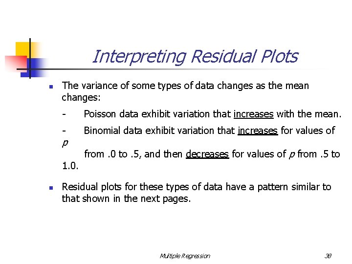 Interpreting Residual Plots n The variance of some types of data changes as the