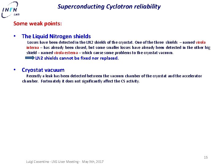 Superconducting Cyclotron reliability Some weak points: • The Liquid Nitrogen shields Losses have been