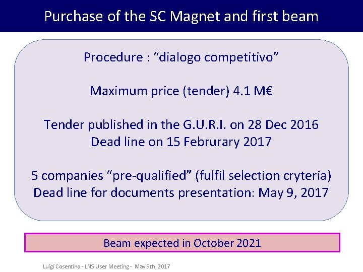 Purchase of the SC Magnet and first beam Procedure : “dialogo competitivo” Maximum price