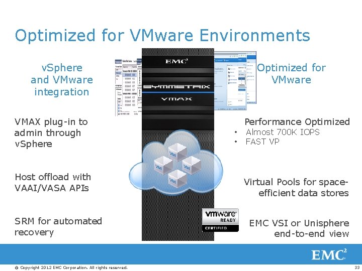 Optimized for VMware Environments v. Sphere and VMware integration VMAX plug-in to admin through