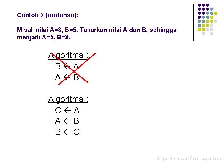 Contoh 2 (runtunan): Misal nilai A=8, B=5. Tukarkan nilai A dan B, sehingga menjadi