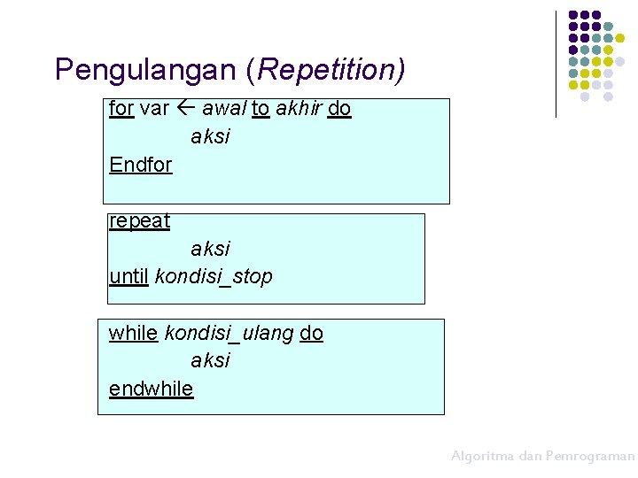 Pengulangan (Repetition) for var awal to akhir do aksi Endfor repeat aksi until kondisi_stop