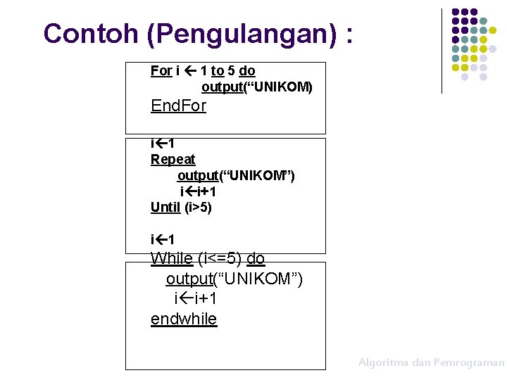 Contoh (Pengulangan) : For i 1 to 5 do output(“UNIKOM) End. For i 1