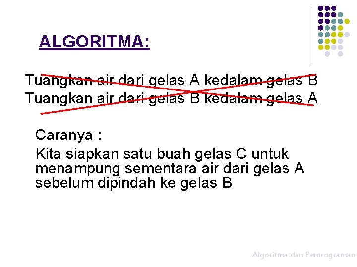 ALGORITMA: Tuangkan air dari gelas A kedalam gelas B Tuangkan air dari gelas B